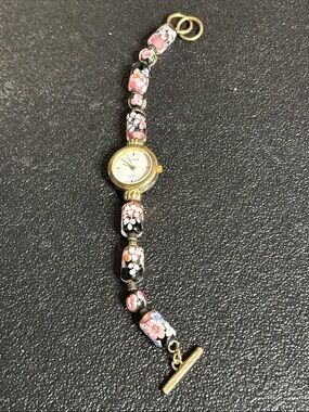 Lenox Gold-Tone Floral Glass Bead Bracelet Watch Pink Black Beads NEEDS BATTERY